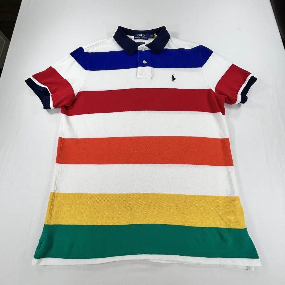 Ralph Lauren Polo Shirt Men S White Rainbow Striped Pony Classic Fit Preppy RARE